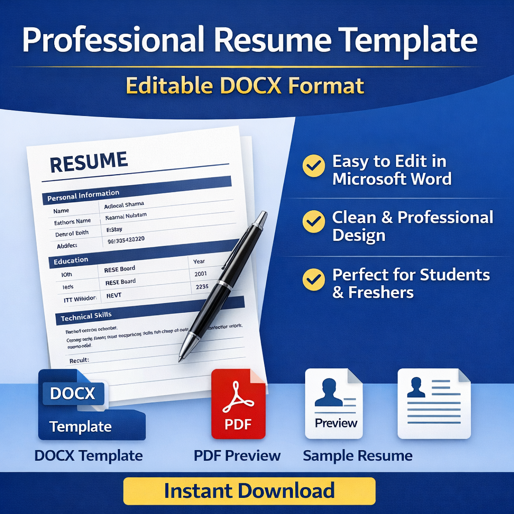 Professional Resume Template (Editable DOCX) for Students & Freshers